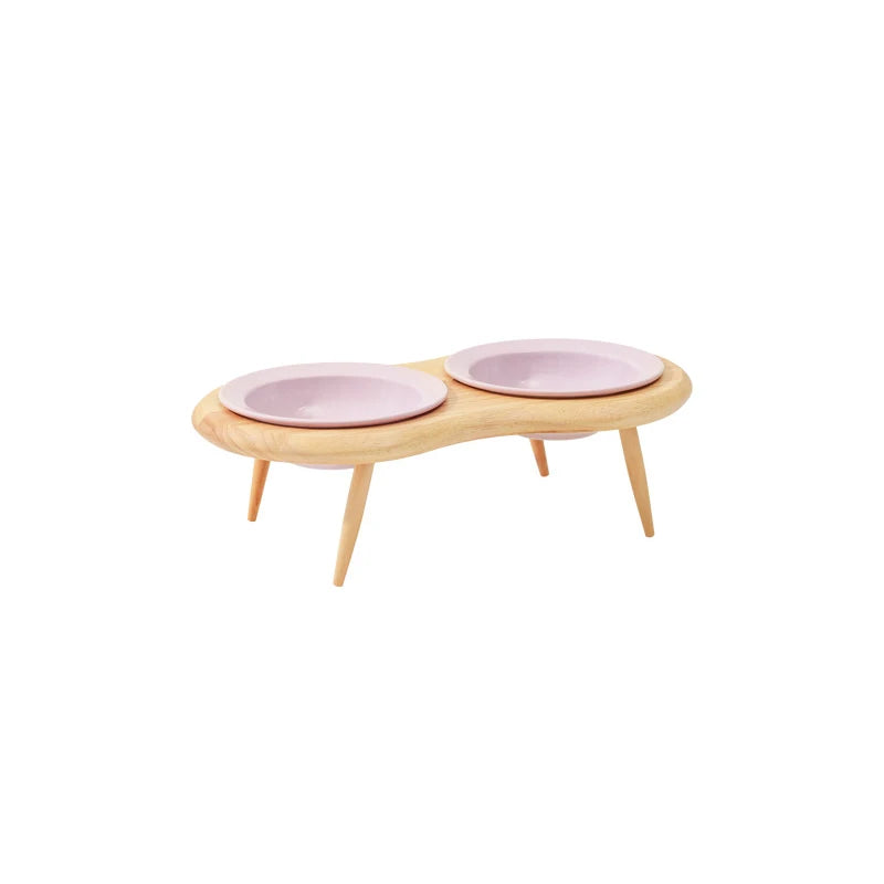 Elevated Ceramic Feeding Station with Wooden Stand